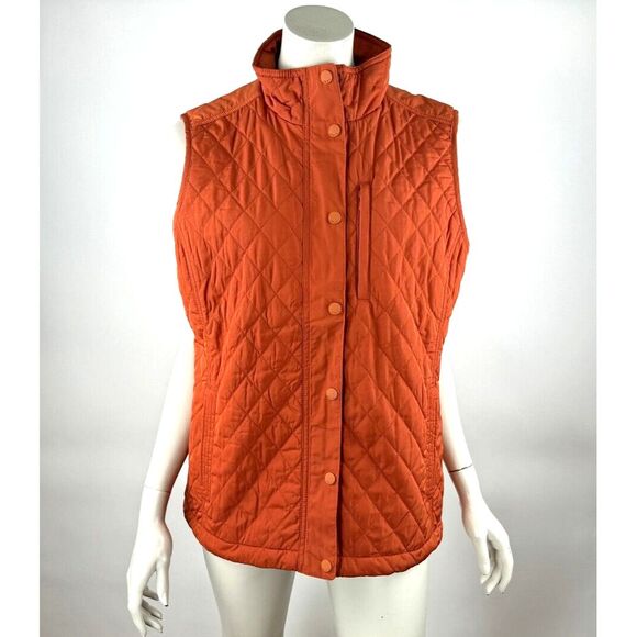 Orvis Diamond Quilted Vest Women L EUC Full Zip Pockets Sleeveless Jacket Orange